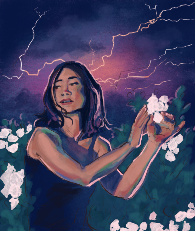 a rough digital painting of mitski among laurel leaves and pale flowers. the sky behind her is purple and deep blue with pinkish lightning. she's smiling