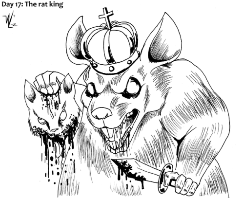 Day 17: The rat kingIts purge time, says the king @dropthedrawings #dropthedrawing#kidsinktober#inktober2019#evil#corpse#rat#king#eerie#spooky#cat#dagger#knife#crown#ink#traditional art