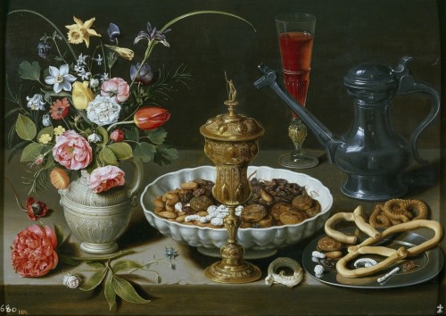 Clara Peeters - Still Life with Flowers, Goblet, Dried Fruit, and Pretzels (1611) // note: the refle