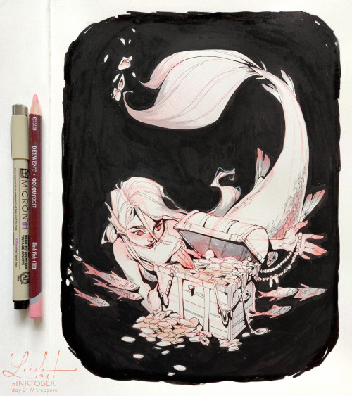 Inktober art for the prompts ‘treasure’ and ‘bait’… aren’t these screaming for mermaid art? H