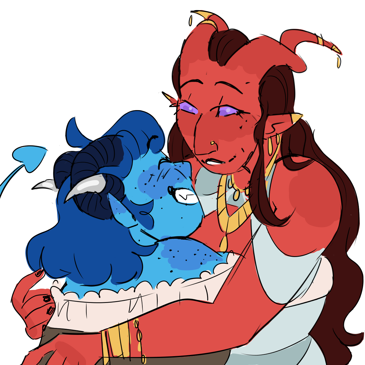 [Image ID: A digital drawing of Jester and Marion Lavorre from Critical Role. They’re hugging, and Marion is looking down 