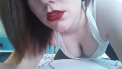 Love the red lipstick and teasing cleavage. Kissing you would be exquisite!