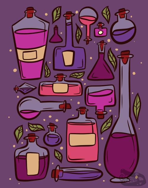 [ID: A digital illustration of multiple glass potion bottles on a purple background. Each bottle is 