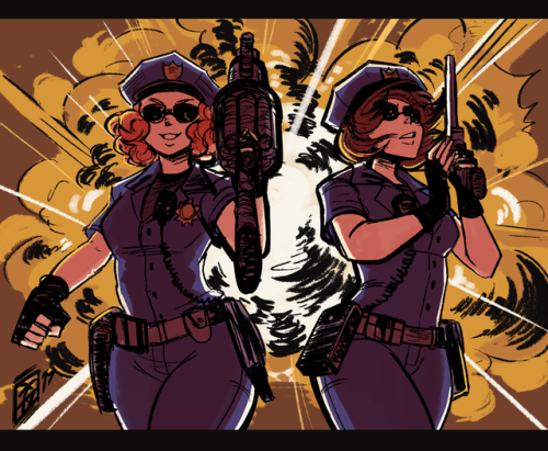 scruffyturtles:Commission for @rareruiz of Haru and Makoto walking away from an explosion w/ police uniforms. Most likely caused by Haru’s grenade launcher :V