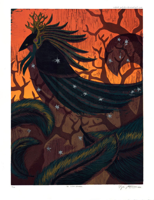 “The Night-Bringer”Two-block reduction woodcut, 2006. 20 impressions.The Night-Bringer i