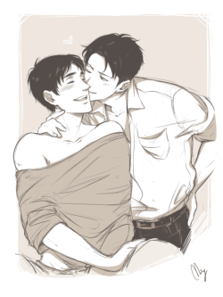 miyajimamizy:  Quick Ereri sketch for Thingsishouldntbedoing! Babe, even thou I still can’t ship them, I hope you’re happy about this ~ &lt;3 Morning kiss for the wife! …. yeah eren’s the wife.  