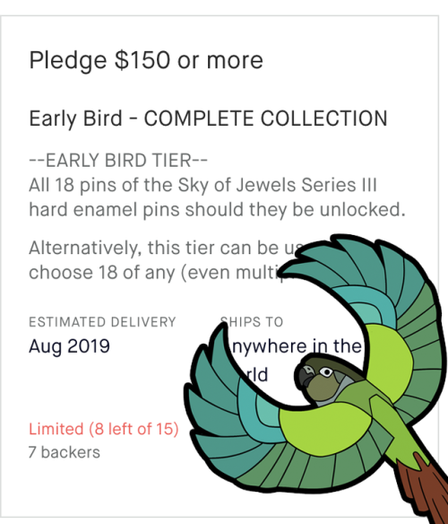 There’s still early bird tiers for the Sky of Jewels Series III pet birds Kickstarter!! Swoop 