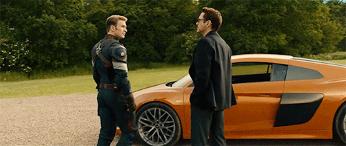 momentofmemory:tony and steve + “we’re incapable of apologizing unless it’s in front of a car”