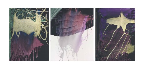 ochyming:  Sigmar Polke    1941-2010   Untitled (Triptych), 2001    Acrylic, interference colour and dispersion on canvas  (i), (iii) 31 3/8 x 23 5/8 in. | 80 x 60 cm. (ii) 31 3/8 x 27½ in. | 80 x 70 cm.