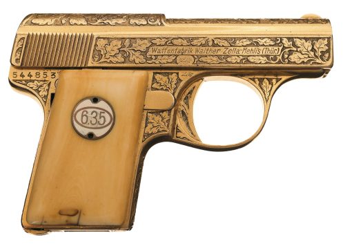 Factory engraved gold plated Walther Model 9 presentation pocket pistol with ivory grips.Estimated V