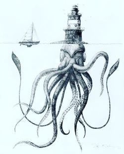 brazenautomaton: ansiblelesbian:   fuckyeahrhodeisland: Lighthouse kraken.  @mitoticcephalopod   the mimics, no longer satisfied to imitate treasure chests, get creative 