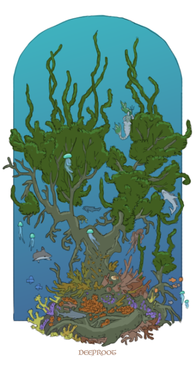 idontknowhowtodrawmyself: [Image Description: Underwater tree growing in corals and surrounded by fi