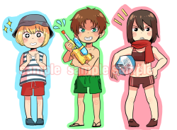 moriar-tea:  SNK stickers for Otakon, to the tune of &ldquo;~~Forever waiting on a classic anime beach episode~~&rdquo; 