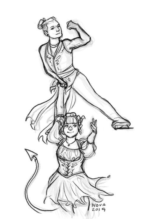 [Image Description: a digital sketch of beau and jester from critical role figure skating. jester is