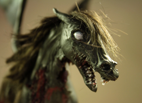 kaykaz:  quequinoxart:  “Asakku” the demon horse/ thestral, made from polymer clay over wire and foil, painted in acrylic, with mohair mane and tail. He is about 4 inches long from chest to bum and 6 inches tall. I made him back in September/