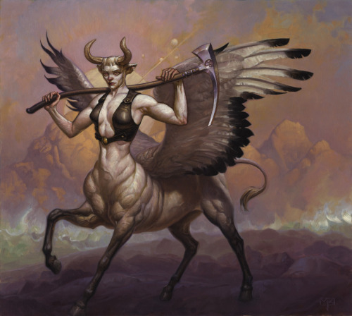 “Avatar of Hope” art by Mark Zug  “This one of my favorite Magic cards I’ve done. I’ve given her anceint Near-East symbology; horns for many centuries evoked virility, power and plenty, which the Minotaur expressed in the