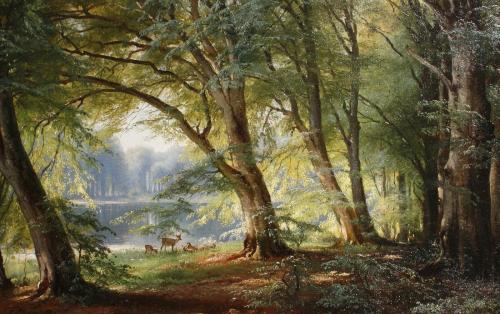 artmagnifique: CARL FREDERIK AAGAARD. Deer Beside a Lake, 1888, oil on canvas.