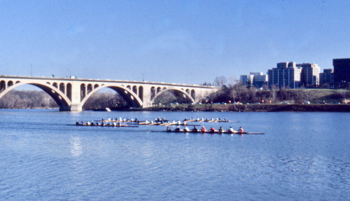 Crew Team Practice in Late Winter, Key Bridge Looking toward Rosslyn, Washington, DC, 1974.