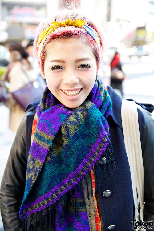 22-year-old Harajuku girl with short pink hair, Topshop maxi-coat, plaid shirt, WhoWhat pants, bow f