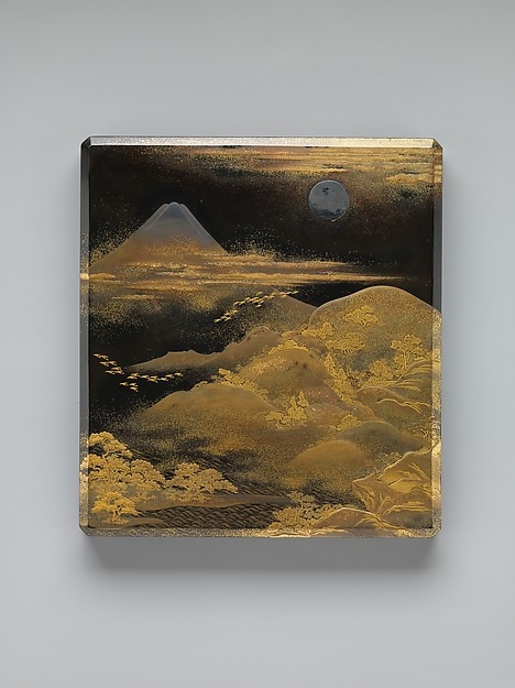 Box for Inkstone and Writing Implements (Suzuri-bako) with Geese against Mount Fuji in Moonlight and
