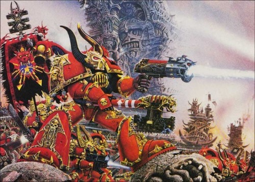 oldschoolfrp:War engines of Chaos tower over the hordes of Khorne (Geoff Taylor, White Dwarf 156, De