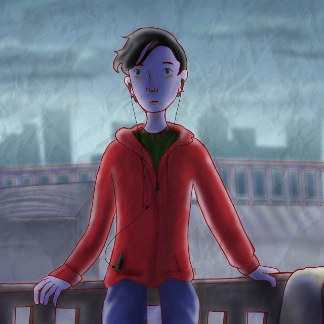 boy sitting on a rail with a blurred skyline behind him. he is wearing jeans and a red sweatshirt with earbuds in. he is causcasion with black hair that is parted to the left.