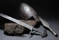 museum-of-artifacts:  Viking sword, Piast dynasty helmet and spear head found in Lednica Lake (Poland). c. 9th century AD  