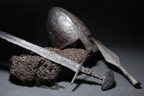 museum-of-artifacts:  Viking sword, Piast dynasty helmet and spear head found in Lednica Lake (Poland). c. 9th century AD  
