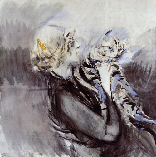 artist-boldini:A Lady with a Cat, Giovanni BoldiniMedium: watercolor,paper