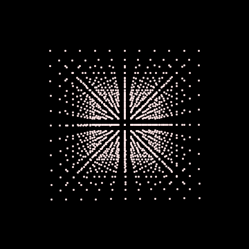 Patterns of lines emerging from looking at a cubic lattice of points. The black lines form along directions in the cube where the eye can see unobstructed to the other side. [code]