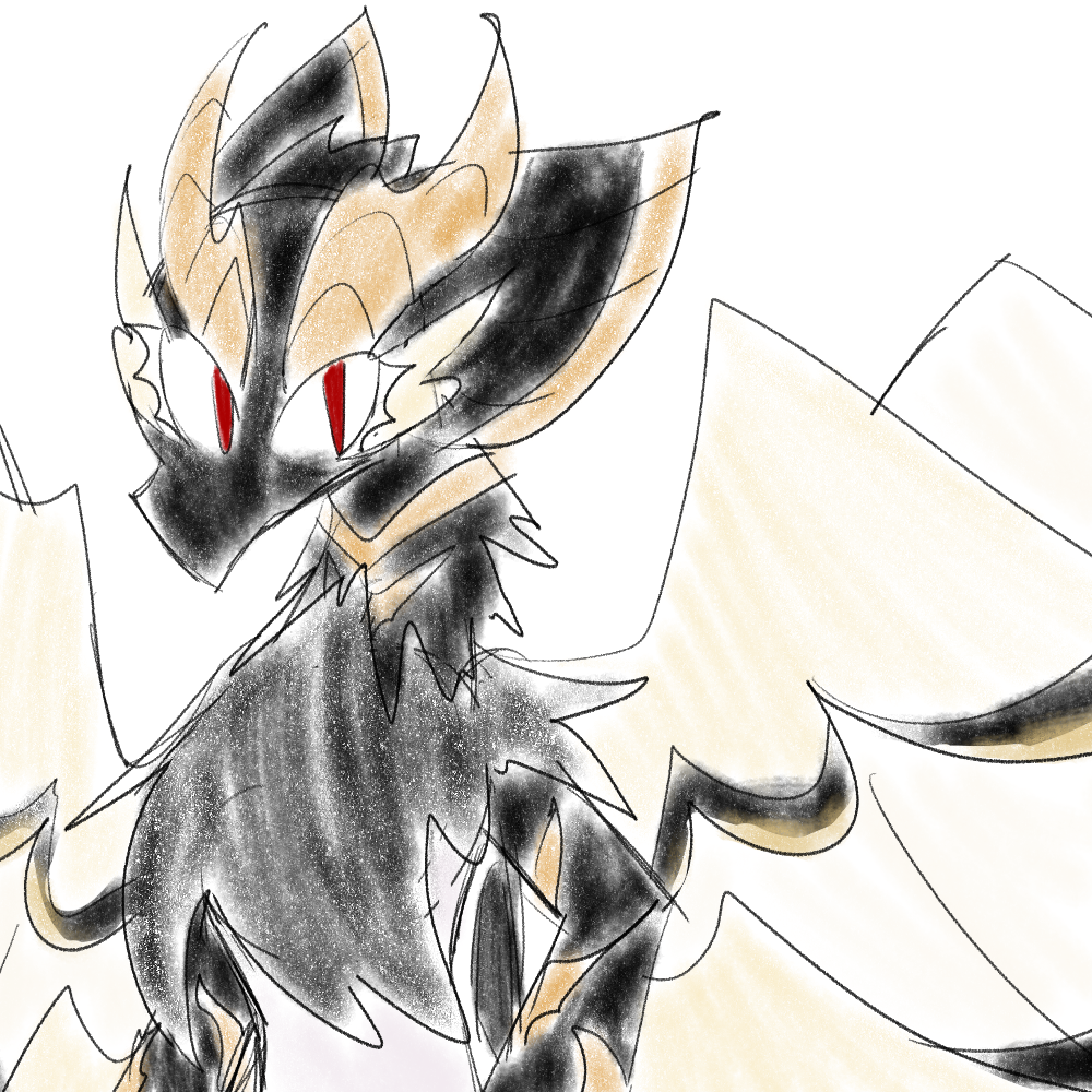 A colored sketch of Peregrin from about the chest up. She is mostly dark (save for her underbelly and wings) and her neck is quite fluffy, though she lacks the traditional Wildclaw crest in place of the crests on her accent. She has 6 cream-colored wings with black and gold tips.