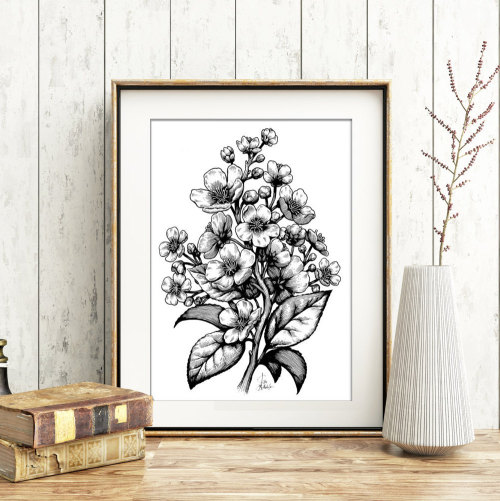 CHERRY BLOSSOM PRINT 8x11’’ Botanical wall art DinA4 - Flower floral tree decor signed. 