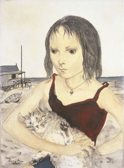 Young girl with a cat on  1950 -  Tsuguharu Foujita (1886-1968)Magic realism