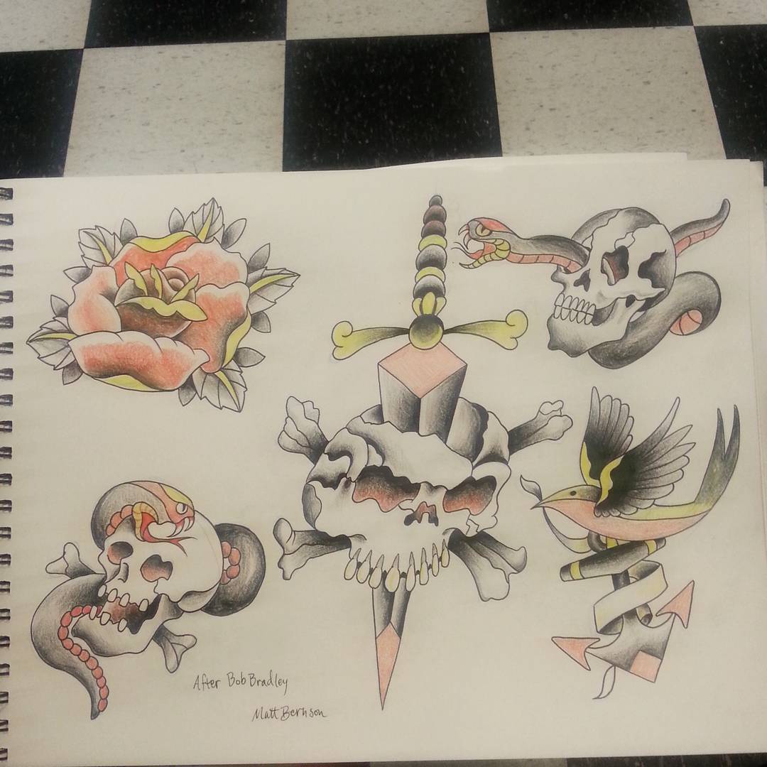 Working on flash from a Bob Bradley sheet. #ink #flash #skull #dagger #rose #snake
