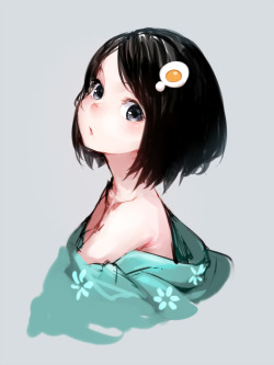 sokak:  1girl, araragi tsukihi, bare shoulders, black eyes, black hair, grey background, hair ornament, japanese clothes, junwool, looking at viewer, monogatari (series), nisemonogatari, short hair, simple background, sketch, solo - Danbooru