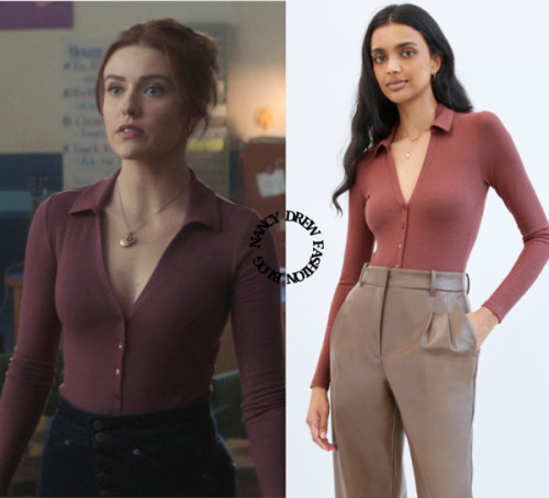 Who: Kennedy McMann as Nancy DrewWhat: Wilfred at Aritzia Charlotte Bodysuit in Ashy Rose Pink - $