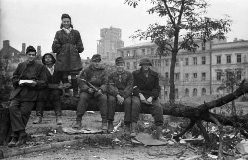 polish-vintage:Powstańcy siedzący na zwalonym drzewie na Placu Dąbrowskiego niedługo złożą broń i pó