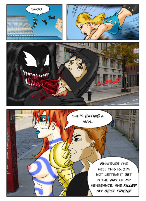 Kate Five vs Symbiote comic Page 180  Woah! Easy Kate!Bit of a contrast of heroing styles here. Centennia displaying the time honoured non-violent solution, meanwhile Kate employs the villain-favoured ultraviolence. For a girl on her long road to redempti