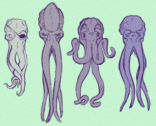 four digital drawings of illithid heads. firstly gideos, a one-eyed, round-headed illithid with short, tapered tentacles and an eyepatch. secondly emperor, an angular illithid with a severe expression, long tentacles, and an elongated head. thirdly pennybun, a roundish illithid with long, curly tentacles, one glass eye, and stubs where dragonborn horns once were. lastly omeluum, a round and somewhat lumpy illithid with fairly long tentacles and small, pupilless eyes.