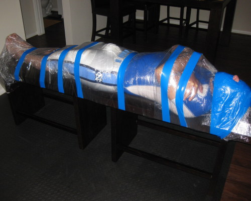 bondagejock:  Football wrapped to the bench 1 of 6 Sub: Bondagejock  Dom: TheUAJock   Tight Ends… Gay Football bondage gear #superbowl 