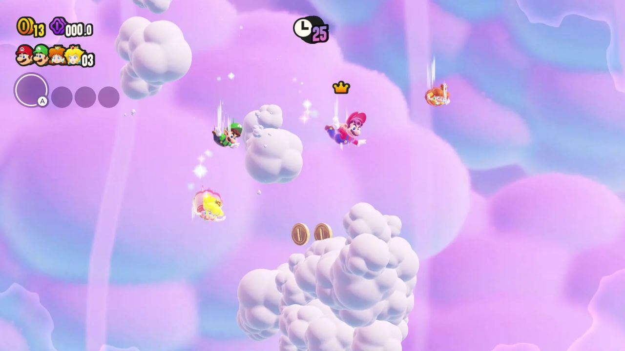 Mario, Pink Clouds, Falling from the sky, Switch, Multiplayer, Platformer, Super Mario Bros. Wonder, Nintendo, Princess Peach, Princess Daisy, Luigi 
