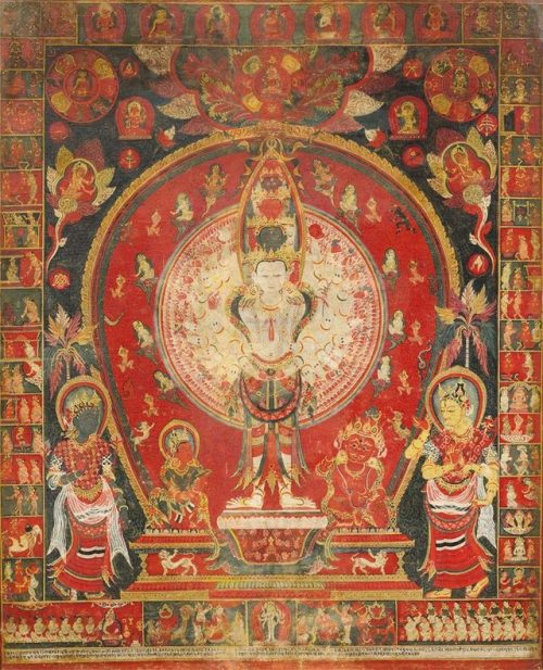 A Paubha Depicting Sahasrabhuja Lokeswora Dated 624 Nepal samvat (1604 CE)Distemper on Cloth Nepal
