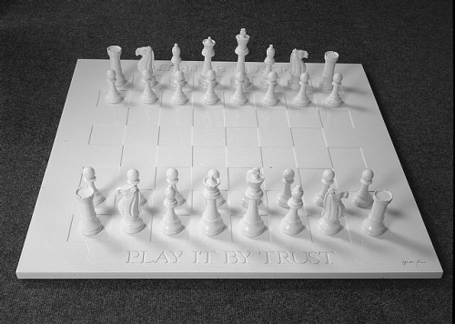 talesfromweirdland:Art by Yoko Ono. An all-white chess set, Half-A-Room, and Painting to Hammer a Na