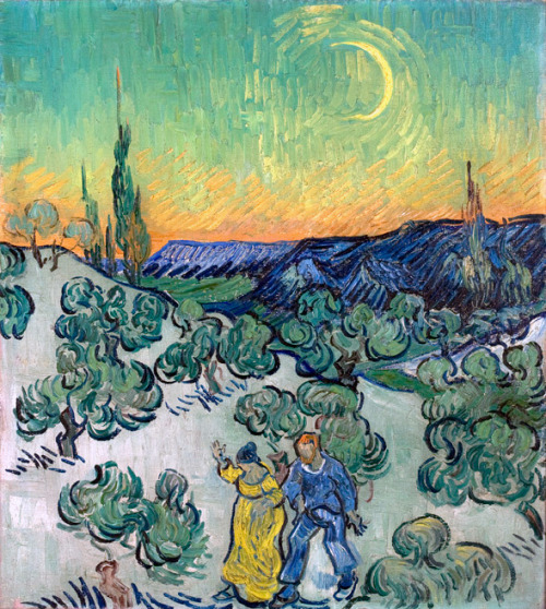 le-plus-beau-des-mensonges:Vincent van Gogh Couple Walking among Olive Trees in a Mountainous Land