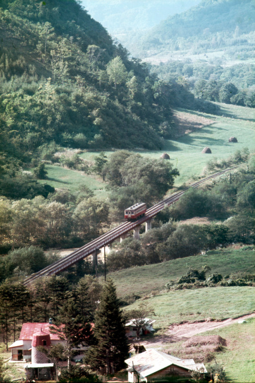 A Shiranuka Line train runs between Kamicharo and Hokushin Station on September 8, 1972 in Shiranuka