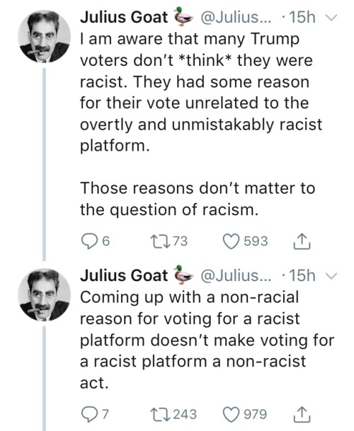 drinking-tea-at-midnight:  liberalsarecool:  scrotus-potus: *”If racist acts don’t make you racist, what does?”* If you benefit from racism while you vote for a known racist, how do you then find yourself in the “I’m not a racist” column?