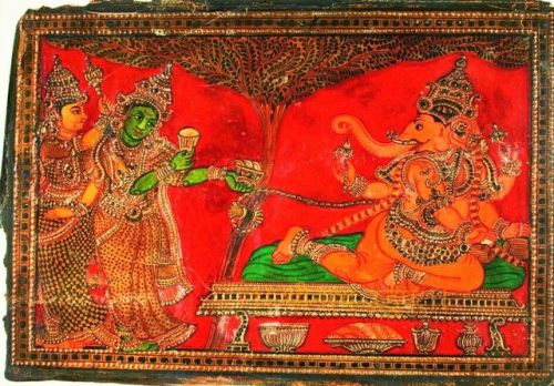 Parvati and Ganesha, Tanjore painting