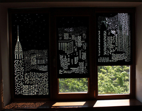 itscolossal:Buildings and Stars Cut into Blackout Curtains Turn Your Windows Into Nighttime Cityscap