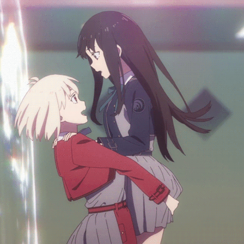 A gif of the anime "Lycoris Recoil", showing Nishikigi Chisato picking up Inoue Takina, and spinning her around, followed by closes of them looking at each other.