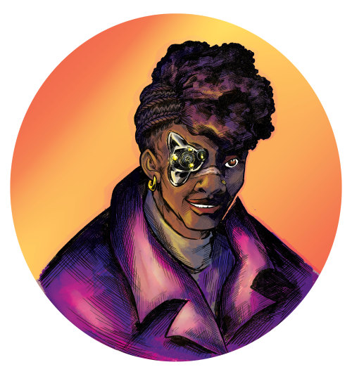 [Image descriptions: A coloured Drawing of Juno Steel, a nonbinary black person with a futuristic cy